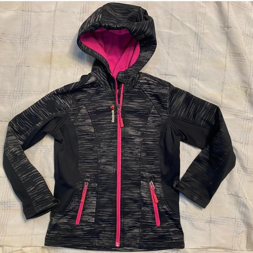 Reebok Girls 6/7 Full-Zip Active Jacket Hooded Black Pink Athletic Size Unknown‎